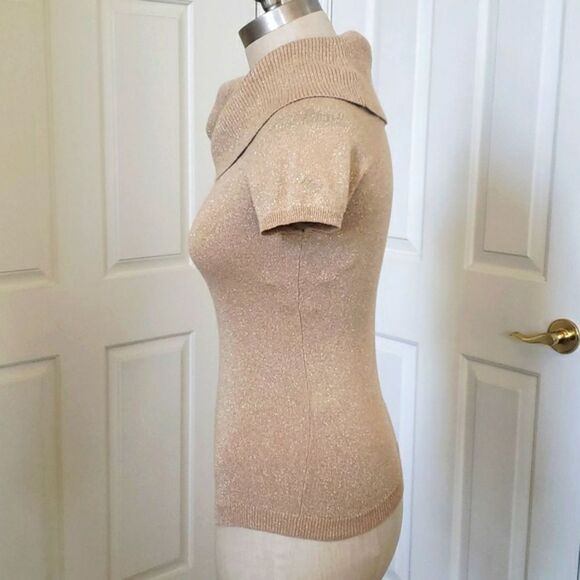 EXPRESS Shimmery Gold Cashmere Sweater Chunky Cowl Neck Short Sleeve - Picture 2 of 11